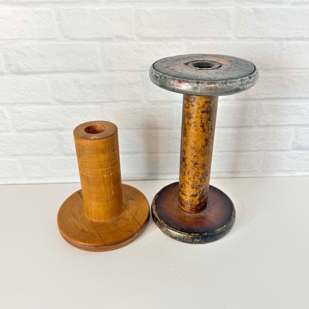 Vintage Wooden Industrial Spool 7 Inch & 5 Inch Set Primitive Wood Textile Mill